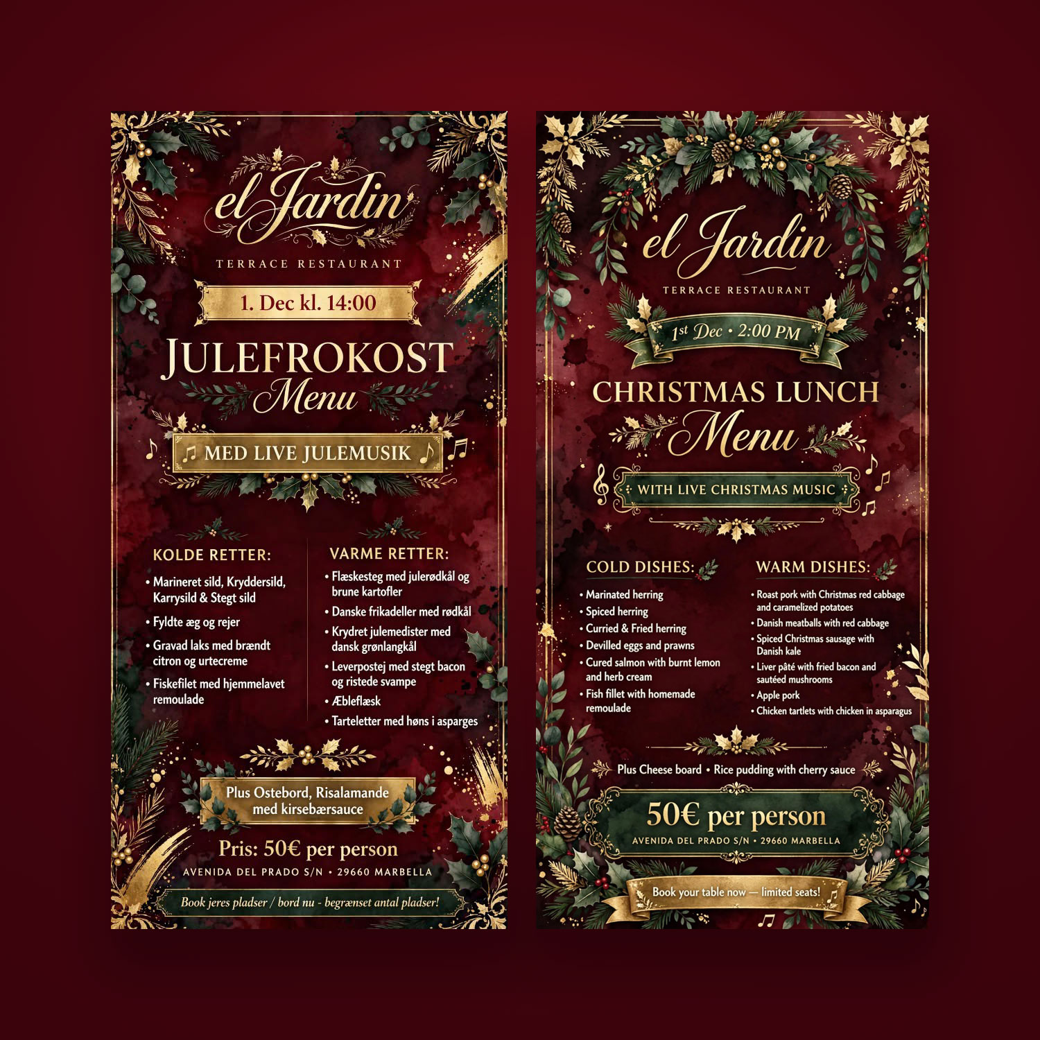 Christmas Lunch at El Jardín – Festive Menu & Live Christmas Music